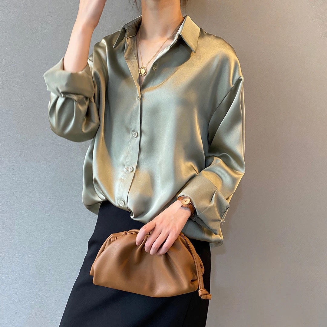 Herbst Seidenhemd Vintage Bluse für Damen, Lange Ärmel Weibliche Lose Hemden