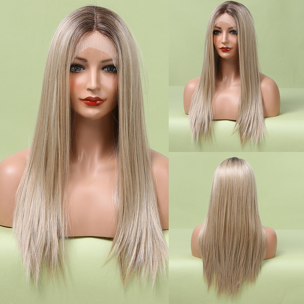 EASIHAIR Gerade Blonde Spitze Front Synthetische Perücken mit Baby Haar, Lange Frauen Spitze Perücken   Hitzebeständig