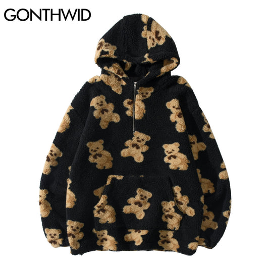 Fleece Fuzzy Kapuzen-Sweatshirt Streetwear, Hip Hop Bear Print Halber Reißverschluss Flauschige Pullover