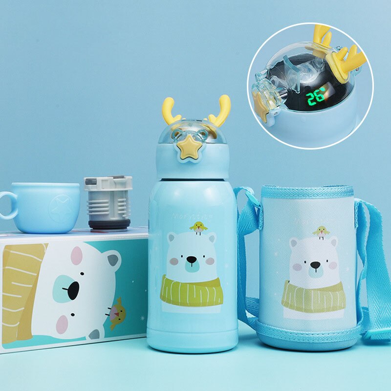 500 ml Cartoon Smart Temperaturanzeige, Thermosbecher Tragbare Pressstroh Stil Wasserflasche, Hält 24 Stunden warm und kalt für Babys