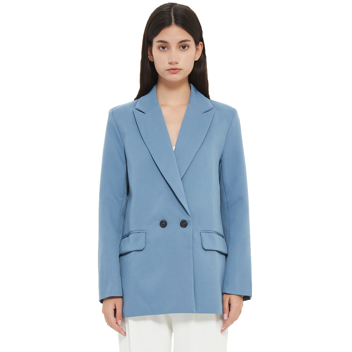 Herbst- und Frühlings-Blazerjacke für Damen, lässiger, einfarbiger, zweireihiger, dekorativer Mantel mit Taschen