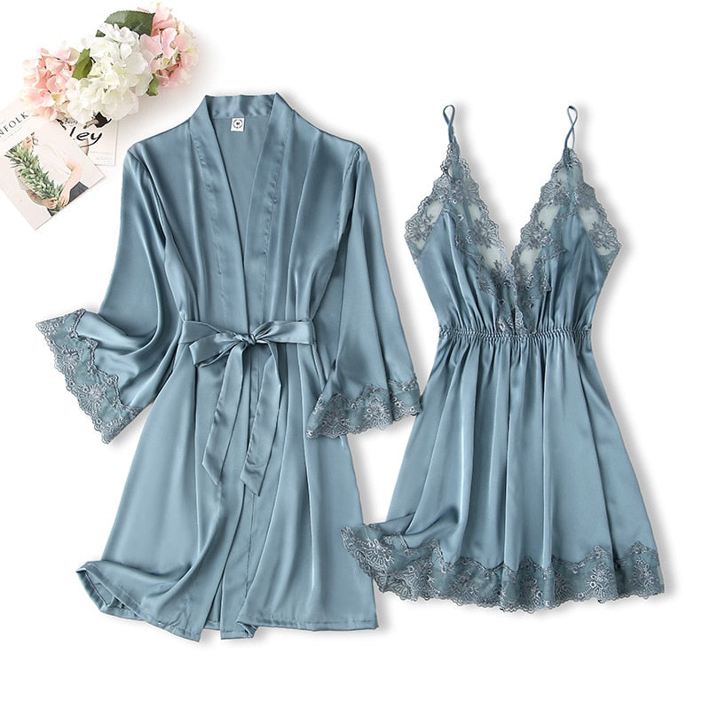 Spitzenbesatz Sexy Hochzeitsdame  Robe -Anzug, Kimono Bademantel Kleid für Mini Nachtwäsche & Intime Dessous