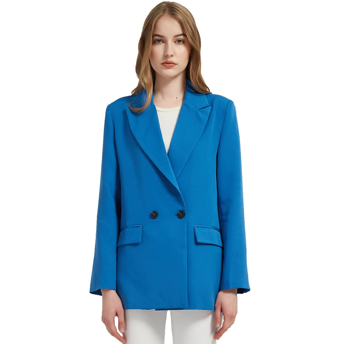 Herbst- und Frühlings-Blazerjacke für Damen, lässiger, einfarbiger, zweireihiger, dekorativer Mantel mit Taschen