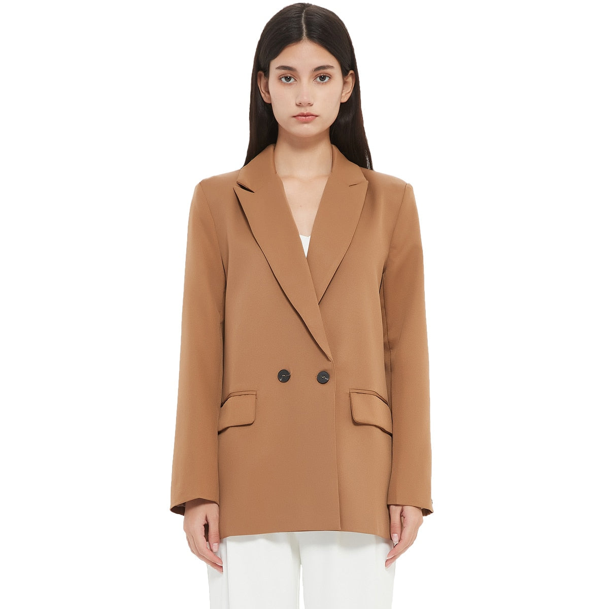 Herbst- und Frühlings-Blazerjacke für Damen, lässiger, einfarbiger, zweireihiger, dekorativer Mantel mit Taschen