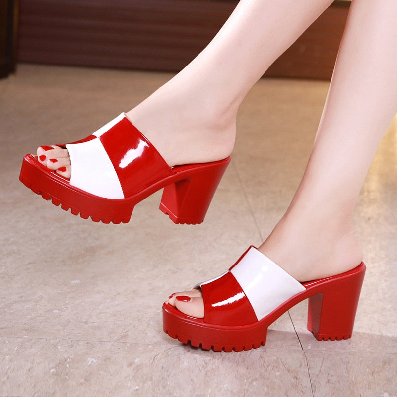 Block Square Heel Plateau Hausschuhe für Damen, Büroschuhe Sommer 2023 Open Head High Heels
