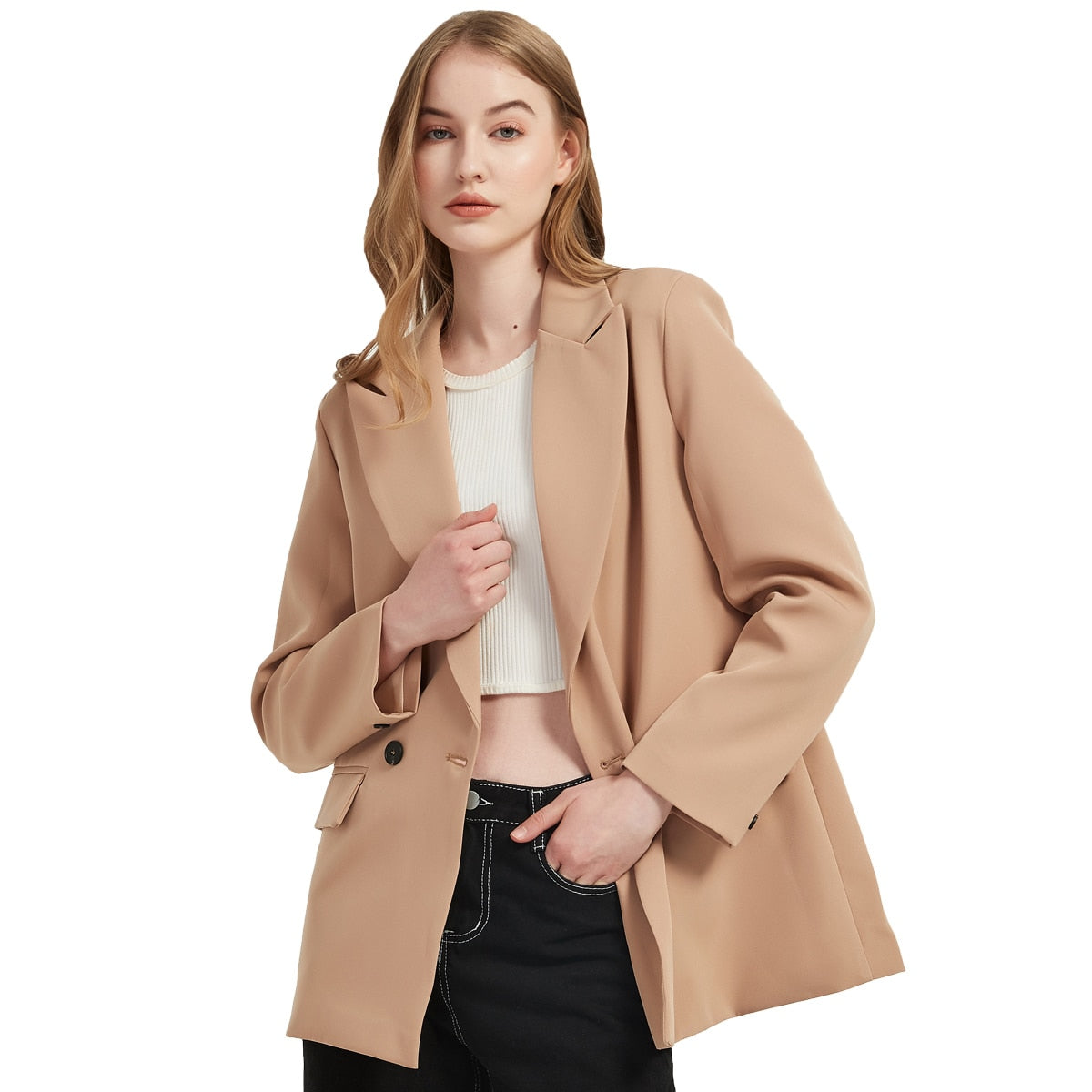 Herbst- und Frühlings-Blazerjacke für Damen, lässiger, einfarbiger, zweireihiger, dekorativer Mantel mit Taschen