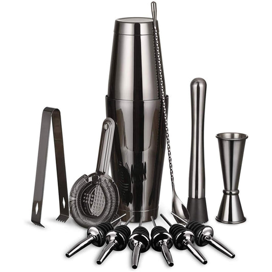 Cocktail Shaker Bar Set: 2 gewichtete Boston Shaker, Cocktail-Sieb, Jigger, Muddler und Löffel, Eiszange und 6 Flaschenausgießer