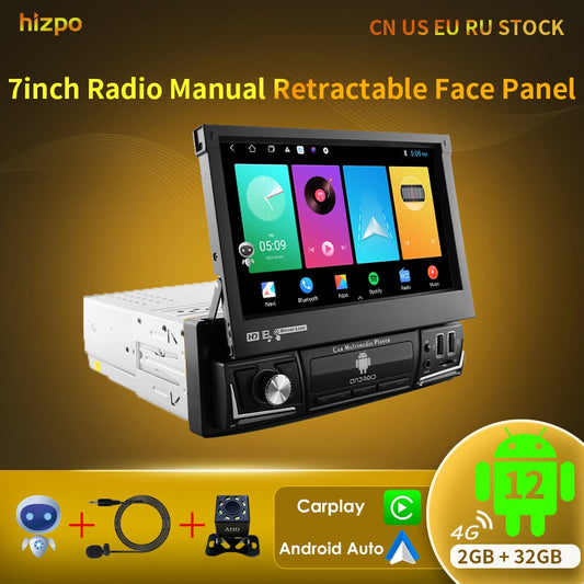 Hizpo Android 12 Universal 1din Autoradio, CarPlay GPS Navigation, Multimedia Player 1 Din Stereo 7 Zoll manuell einziehbarer Bildschirm