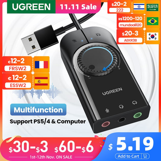 Soundkarte USB Audio Interface Externes 3,5 mm Mikrofon Audio, Adapter Soundkarte für PC Laptop PS4, PS5
