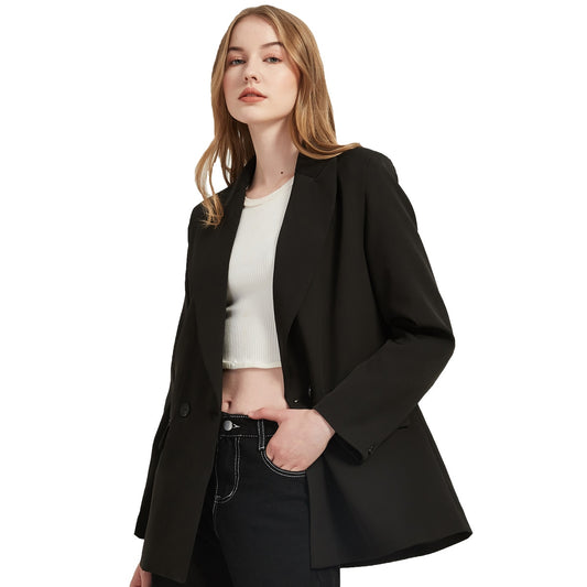 Herbst- und Frühlings-Blazerjacke für Damen, lässiger, einfarbiger, zweireihiger, dekorativer Mantel mit Taschen