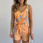 2023 Summer European and American Style, Neue V-Ausschnitt-Träger-Mode-Blattdruck-Streifen-Bodyshorts zum Binden