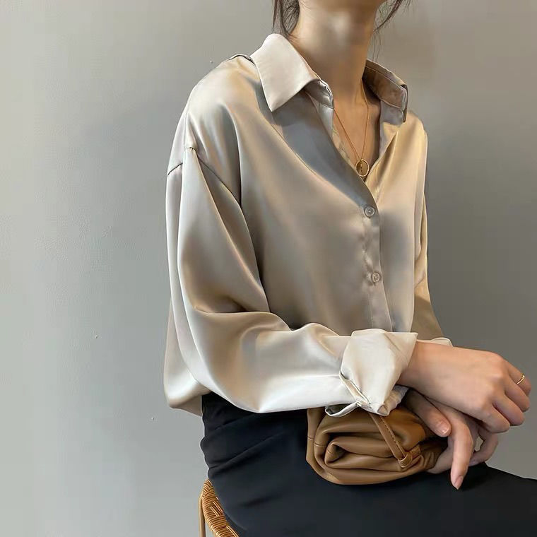 Herbst Seidenhemd Vintage Bluse für Damen, Lange Ärmel Weibliche Lose Hemden