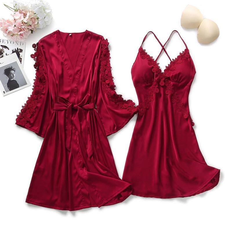 Spitzenbesatz Sexy Hochzeitsdame  Robe -Anzug, Kimono Bademantel Kleid für Mini Nachtwäsche & Intime Dessous