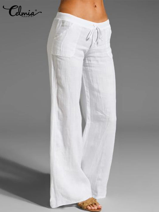 Celmia Vintage Damen Breite Bein Hose 2023, Sommer Palazzo Mode lange Hosen