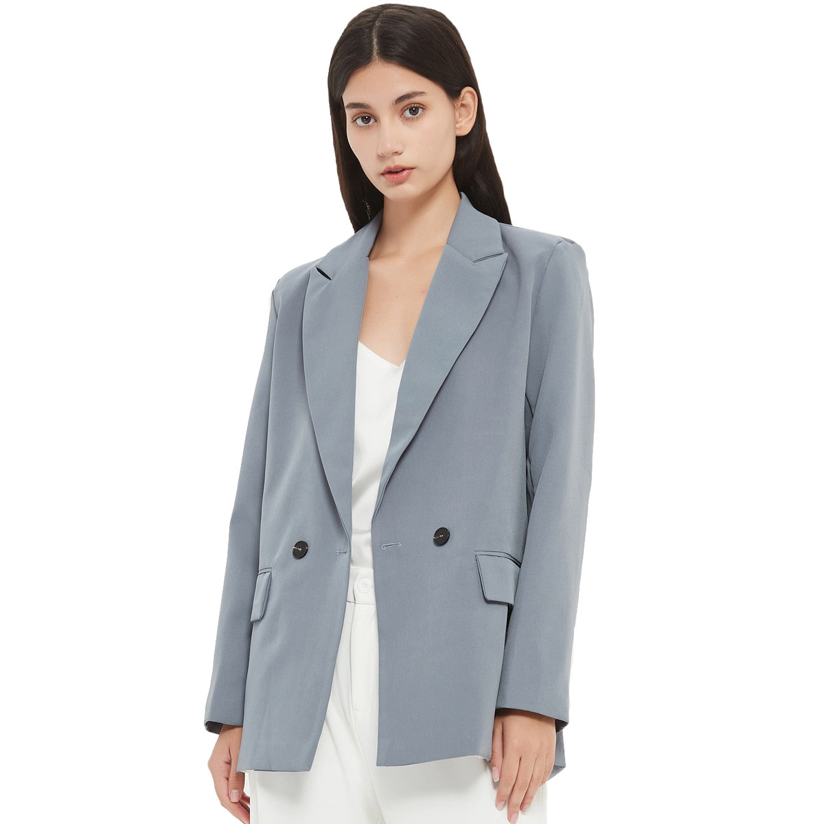 Herbst- und Frühlings-Blazerjacke für Damen, lässiger, einfarbiger, zweireihiger, dekorativer Mantel mit Taschen