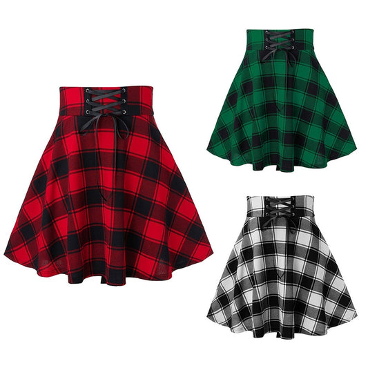 Schwarz karierter Damen-Gothic-Rock, plissiert, kariert, für Sommer,Frühling und Herbst, Mini-Rock Clubwear