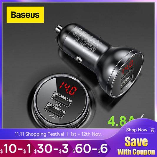 Baseus 24W USB Autoladegerät Duales USB Ladegerät mit LED Anzeige Universelles Handy Ladegerät für iPhone Huawei Xiaomi
