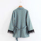 Damenanzüge, LOOSE Blau bedruckte Kimonojacke mit Federärmeln