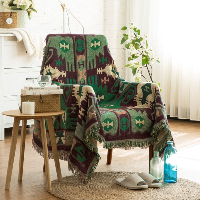 Sofa-Überwurfdecke im europäischen Stil, Baumwollfaden, gestrickte Decke mit Quastengeometrie