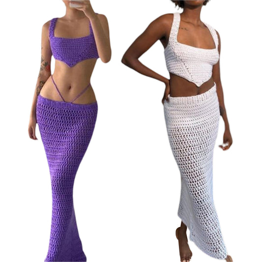 Zweiteilige Damen-Outfits, ärmellos, quadratischer Ausschnitt, rückenfrei, unregelmäßiger Saum, kurze Oberteile + langer Rock mit niedriger Taille