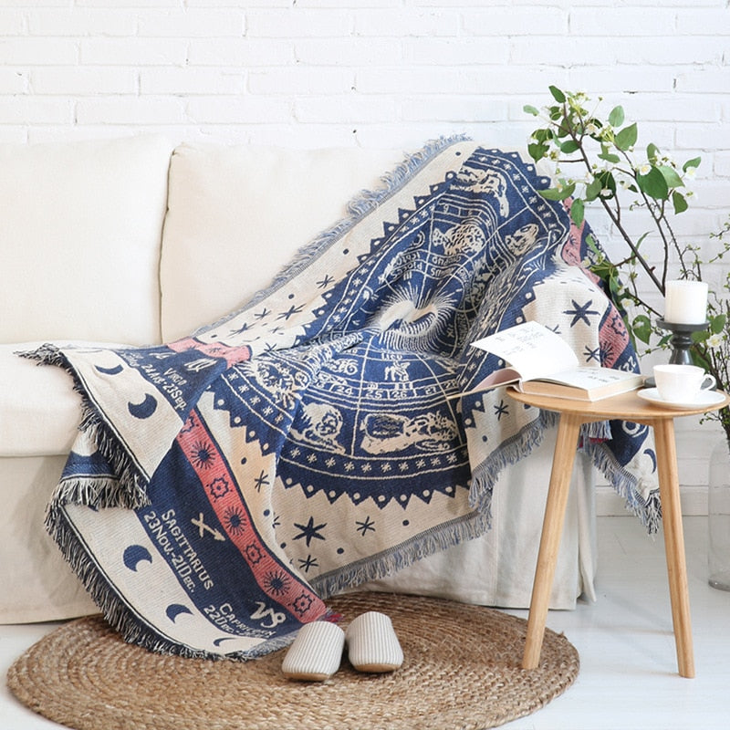 Sofa-Überwurfdecke im europäischen Stil, Baumwollfaden, gestrickte Decke mit Quastengeometrie