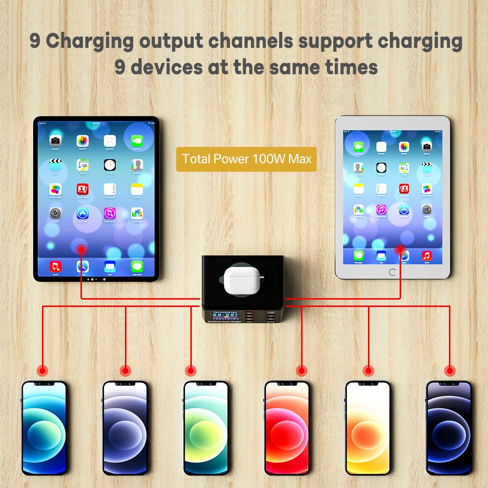 100 W Multi-USB-Drahtloses Ladegerät, HUB Schnellladung 3 Typ C PD Schnellladegerät