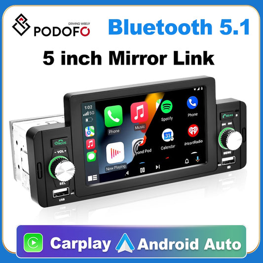 Podofo 5 zoll Auto Radio 1 Din CarPlay, Android Auto Multimedia Player Bluetooth MirrorLink, FM Empfänger für Volkswagen Nissan