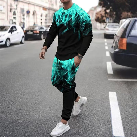Herren langarm T-Shirt mit Flamme Muster, Sommertrend mit langer Hose