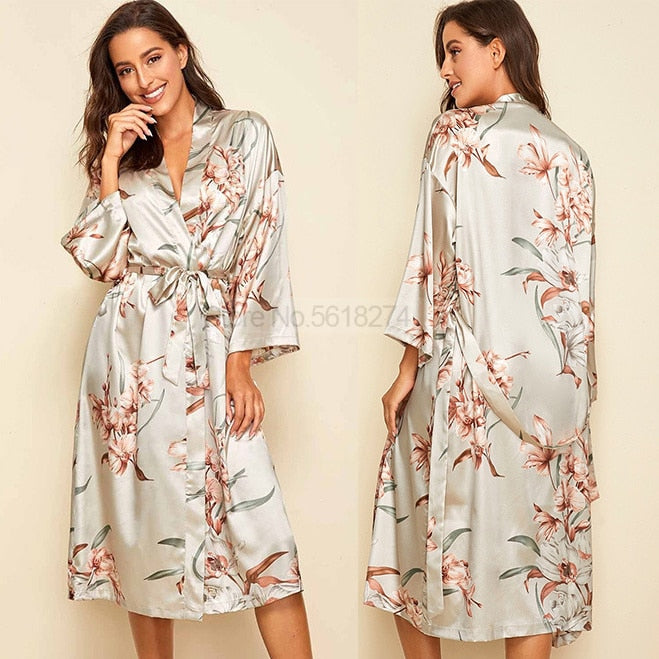 Sexy Damen Satin Kimono Kleid, Robe Anzug Nachtwäsche