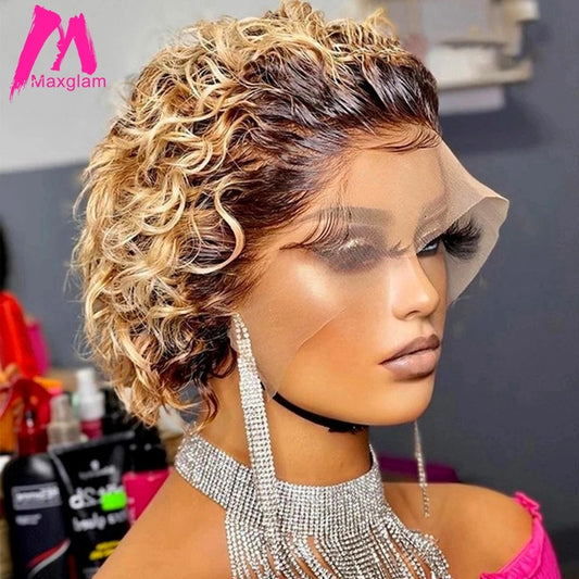 Pixie Cut Perücke 99J Burgunder Wasser Tiefe Welle Spitze Perücke Afro Lockig, Kurzer Bob Echthaar Perücken Natürliche Farbe