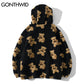 Fleece Fuzzy Kapuzen-Sweatshirt Streetwear, Hip Hop Bear Print Halber Reißverschluss Flauschige Pullover