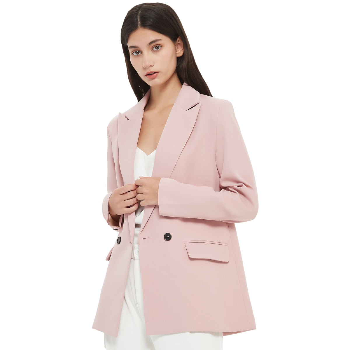 Herbst- und Frühlings-Blazerjacke für Damen, lässiger, einfarbiger, zweireihiger, dekorativer Mantel mit Taschen