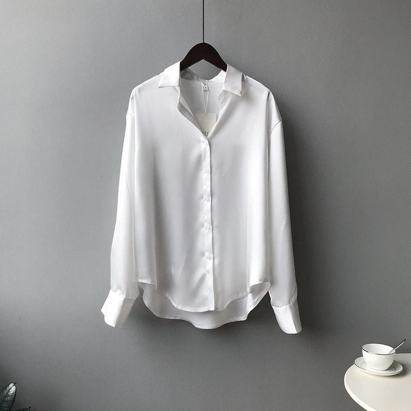 Herbst Seidenhemd Vintage Bluse für Damen, Lange Ärmel Weibliche Lose Hemden
