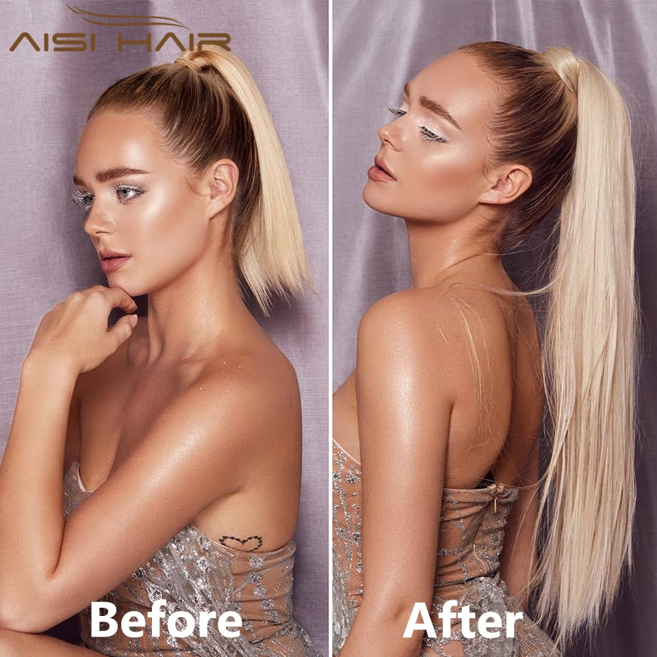 AISI HAIR Synthetische Lange Gerade Pferdeschwanzverlängerung, Blond Wrap Around Pferdeschwanz Clip in Haarteil