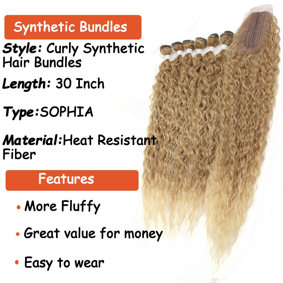 7 Stück / Lot Curly Hair Bundles mit Verschluss, Synthetische Hair-extensions