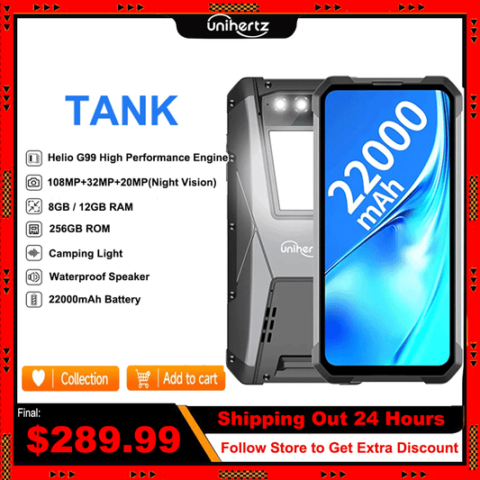 Unihertz TANK Robustes Nachtsicht-Smartphone, Handy, Handy, 22000 mAh, 8 GB, 256 GB, 108 M Kamera, 66 W PD, Helio G99