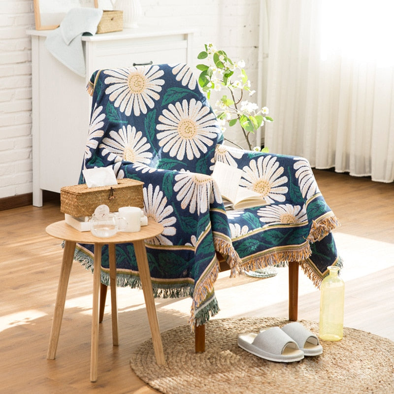Sofa-Überwurfdecke im europäischen Stil, Baumwollfaden, gestrickte Decke mit Quastengeometrie