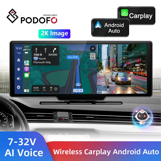 Podofo Autospiegel-Videoaufzeichnung Carplay, Android Auto Wireless-Verbindung GPS-Navigation Dashboard DVR mit AI Voice