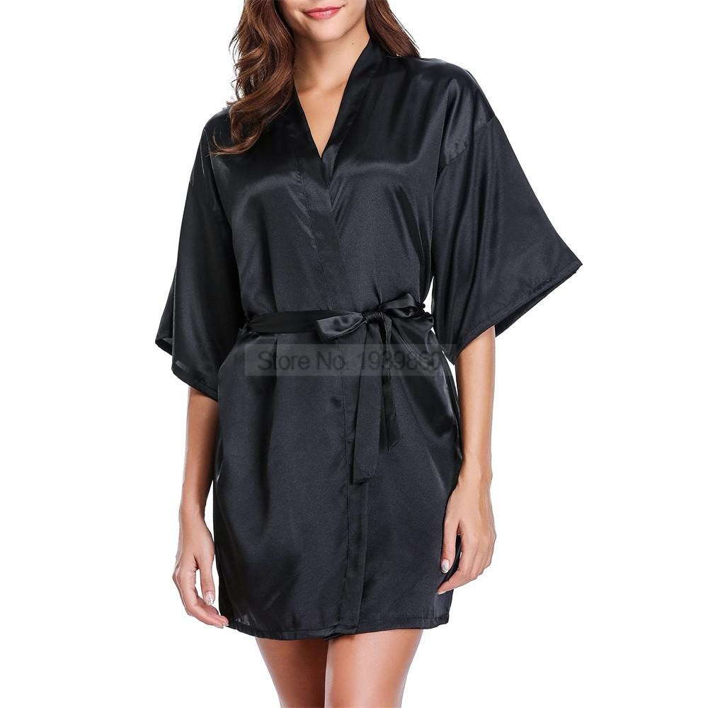 Silky Satin Women Robe Solid Color Kimono Bathrobes Home Dressing Gown Short Nightgown Summer V-Neck Sleepwear Lingerie