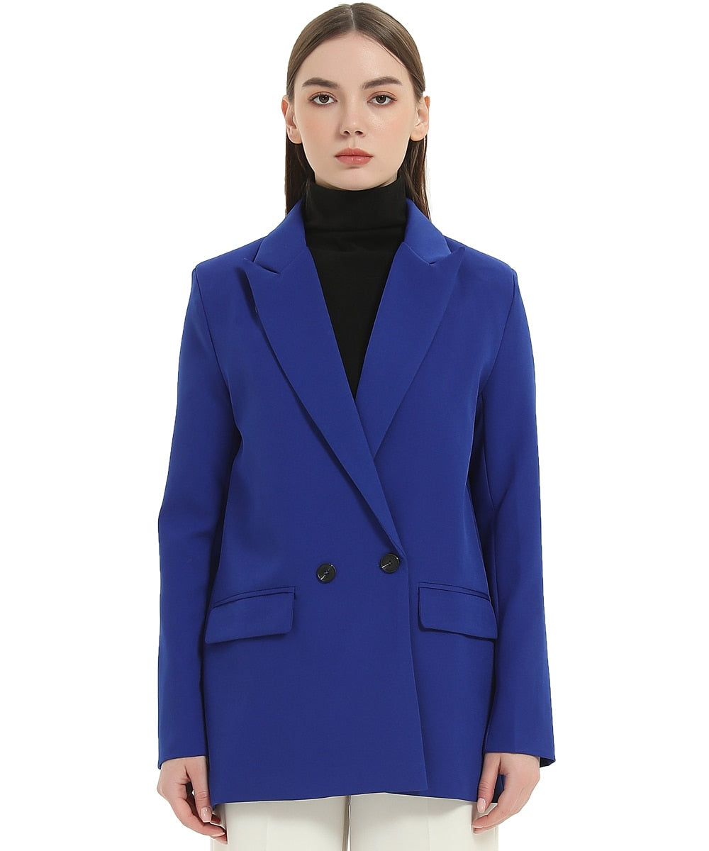 Herbst- und Frühlings-Blazerjacke für Damen, lässiger, einfarbiger, zweireihiger, dekorativer Mantel mit Taschen