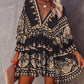 Tribal-Print-Sommerkleid mit V-Ausschnitt, Laternenärmel, Swing-Partykleid, hohe Taille