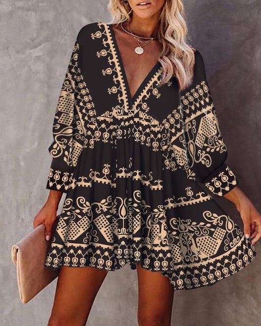 Tribal-Print-Sommerkleid mit V-Ausschnitt, Laternenärmel, Swing-Partykleid, hohe Taille