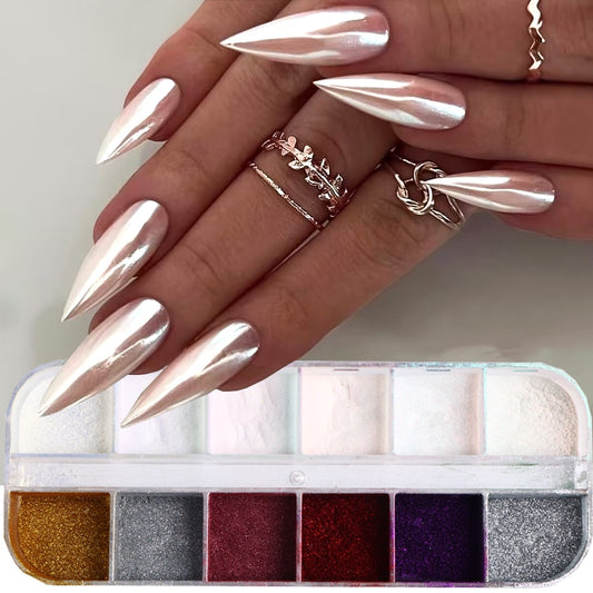 12 Gitter Perlweiß Chrom Nagel, Pigment UV Gel Nagellack
