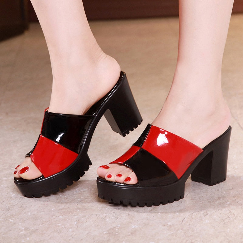 Block Square Heel Plateau Hausschuhe für Damen, Büroschuhe Sommer 2023 Open Head High Heels