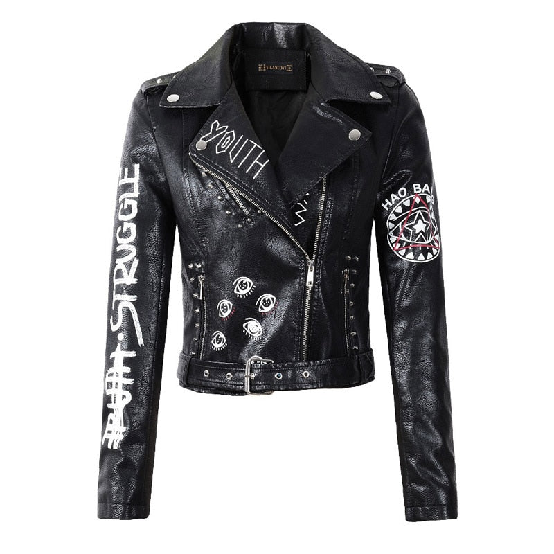 Neue Frühling Herbst Frauen Winter Kunstleder Jacken Mäntel Damen Schwarz Reißverschluss Epaulet, 3D Druck Motorrad Streetwear