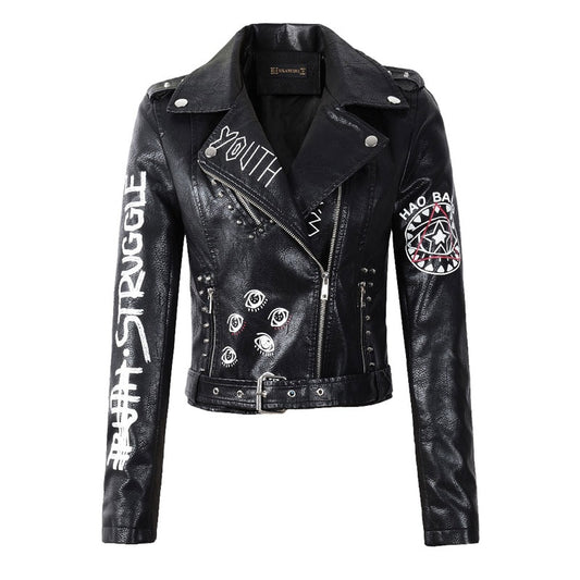 Neue Frühling Herbst Frauen Winter Kunstleder Jacken Mäntel Damen Schwarz Reißverschluss Epaulet, 3D Druck Motorrad Streetwear
