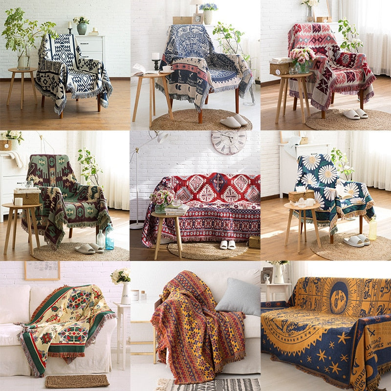 Sofa-Überwurfdecke im europäischen Stil, Baumwollfaden, gestrickte Decke mit Quastengeometrie