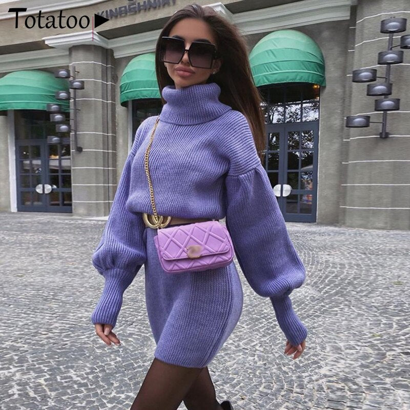 Damen Rollkragen-Strickpullover, Figurbetontes Pulloverkleid