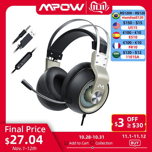 Mpow EG3 Pro Gaming-Kopfhörer für iPad PS4 PC Laptop Tablet-Telefone 3,5 mm Jax & amp; USB-Kabel unterstützt Lautstärke-/Mikrofonsteuerung 50-mm-Treiber