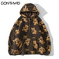 Fleece Fuzzy Kapuzen-Sweatshirt Streetwear, Hip Hop Bear Print Halber Reißverschluss Flauschige Pullover